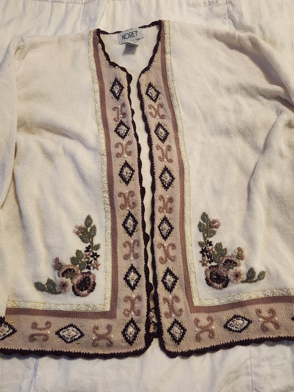 VINTAGE Koret Cream Cardigan with Pink and Green Floral Embroidery & Beadwork